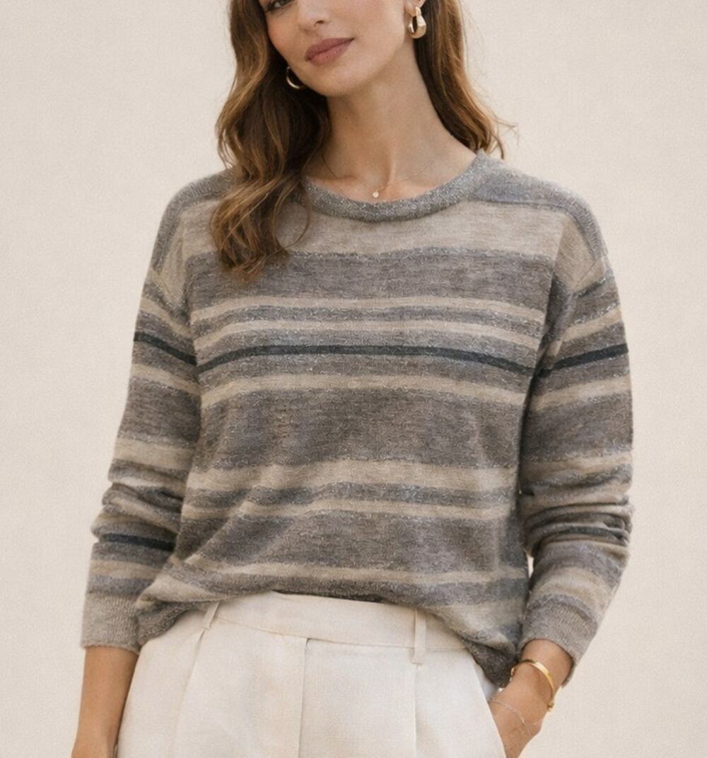 Rebecca Taylor Alpaca Wool Knit Top Lightweight XS Gray Striped Quiet Luxury